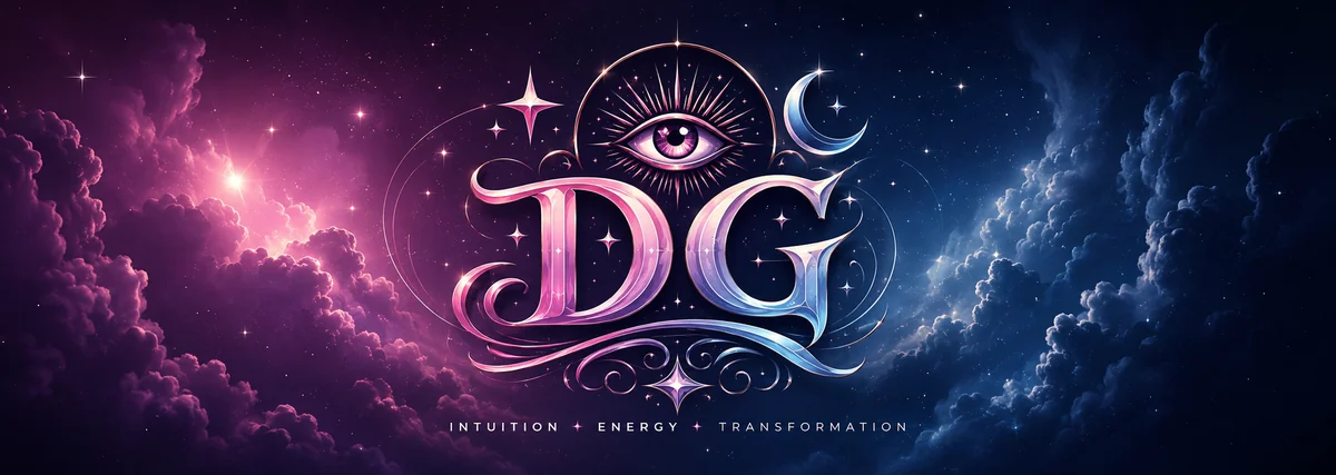 Dustin Gormley — DG cosmic monogram with all-seeing eye and crescent moon · Intuition · Energy · Transformation