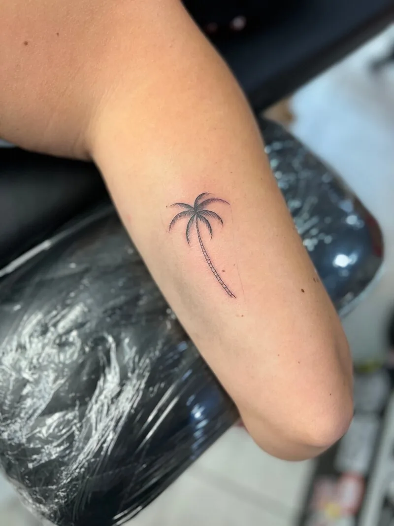 Fine-line micro tattoo of a palm tree leaning to the right on the inner bicep, by Dustin Gormley at Ohana Tattoo, Waikiki, Hawaii.